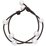 Freshwater White Pearl on Leather Cord 2 Strand Bracelet By handmade for Women 7.8'' Black Brown