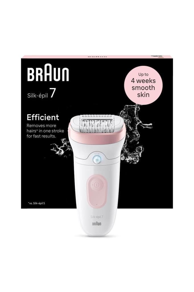 Braun Silk-épil 7 Damen-Epilierer, elektrischer Epilierer für Damen mit breitem Kopf für eine einfache Epilation, nass & trocken, lang glatte Haut, 7-000, Weiß/Rosa
