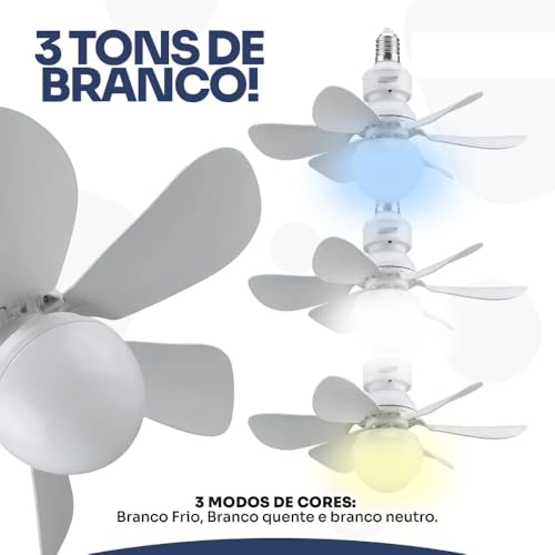 Ventilador com Lâmpada LED Bivolt 60W E27 com Controle Remoto – Silencioso, 3 Velocidades, Luz Fria/Neutra/Quente, Instalação Fácil no Bocal
