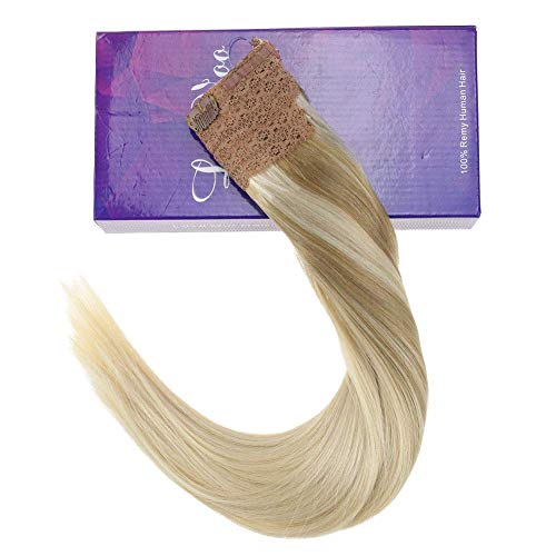 LaaVoo 12" Adjustable Invisible Wire Halo Hair Extensions Balayage Ash Blonde to Light Blonde and Platinum Blonde Remy Flip Human Hair 80 Grams 11inch Width (#18/22/60) - Thumbnail 6
