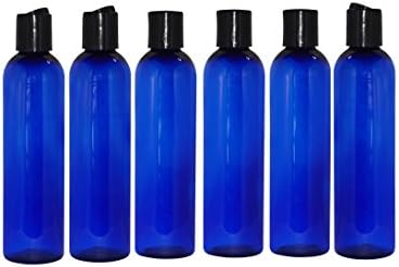 WM (Set of 6) - 8 oz Refillable, Empty Plastic Bottles w/Black Press Disk Cap – Mfg. USA. Used in DIY Oils, Soap, Shampoo, Lotion, Aromatherapy and More (Blue-Press Disk)