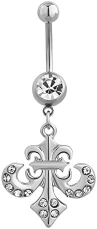 LuckyJewelry Fleur De Lis White Crystal Belly Button Body Ring 316L Surgical Steel Dangle Navel Rings for Sale