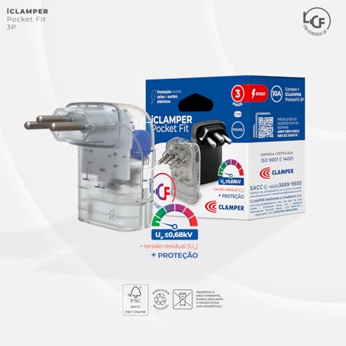 Protetor Contra Surtos Elétricos (DPS) CLAMPER 127/220V, 10 Amperes, 3 Pinos, para PC, PS5, Xbox, Smartphone, Monitor, Impressora, etc - iCLAMPER Pocket Fit 3P 10A Transparente LCF, Bivolt
