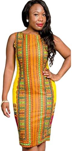 Yuncai Summer Women Traditional African Print Bodycon Sleeveless Round Neckline Dashiki Dress