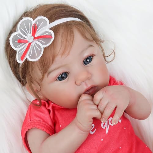 Bebê Reborn Boneca Menina Realista Silicone Olhos Azuis Macacão Vermelho 48cm Cabelo Implantado com Acessórios Original Presentes