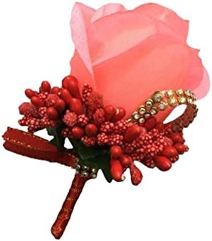 WeddingBobDIY 2Pieces/lot Groom Boutonniere Buttonholes Groomsman Silk Artificial Rose Wedding Flowers Brooch Pin Accessories Prom Suit Decoration (Coral with Red)
