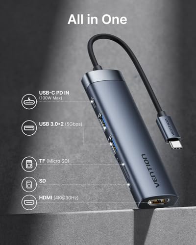 VENTION 100W USB C PD Hub, 6 in 1 Docking Station, HDMI 4K@30HZ, USB A 3.0 Data Transfer Ports, SD/Micro SD Card Reader, Compatible for MacBook Pro, Air/Dell/Lenovo/HP