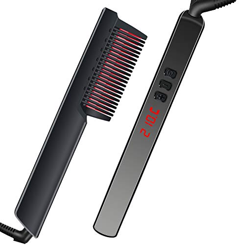 Hair Straightener Brush Ceramic Heating,Beard Straightener Comb,6 Temperature Control,Anti-Scald,Frizz-Free,30s Fast Heat Up, Auto Off,360 Swivel Cord, Portable Hair Straightening Comb,For Men & Women