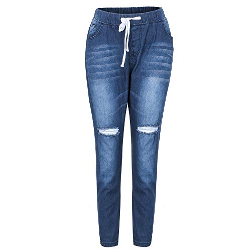 JOFOW Women Pencil Jeans Ripped Distressed High Rise Drawstring Tie Denim Casual Long Straight Leg Ankle Pants Plus Size (XL =US:16-18,Light Blue) - Thumbnail 7