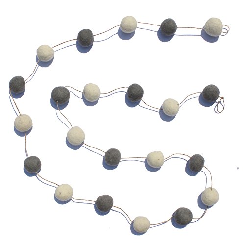 De Kulture Handmade Premium Wool Felt Large POM POM Garland Eco Friendly Christmas Tree Ornament, Home Office Wedding Party Holiday Decoration Banner | 96 Inches (Grey & Off White)