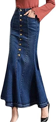 Women Fashion Casual Solid High Waist Ankle-Length Button Front Pocket Fishtail Denim Cotton Long Maxi Skirts