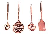 A2Z Home And Kitchen 4 Piece Copper Kitchen Cooking Utensil Set, Kitchen Supplies, Spaghetti Server, Skimmer, Ladle And Spatula