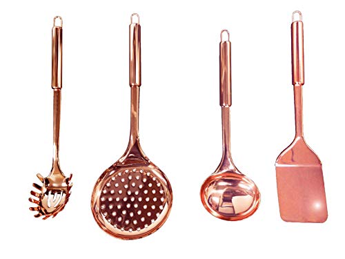 A2Z Home And Kitchen 4 Piece Copper Kitchen Cooking Utensil Set, Kitchen Supplies, Spaghetti Server, Skimmer, Ladle And Spatula