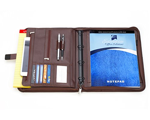 Professional Executive Business Padfolio Portfolio Case - PU Leather Resume & Document Organizer with 4 Ring Binder, 10.1 Inch Tablet Sleeve, Zipper, Premium Paper Pad – Almond Brown