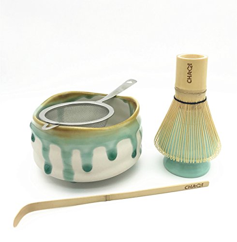 CHAQI Matcha Accessories Kit Include 5 items-100 Prongs Bamboo Whisk Chasen,Bamboo Scoop,Stainless Steel Tea Filter and Ceramic Matcha Bowl & Whisk Holder (White)