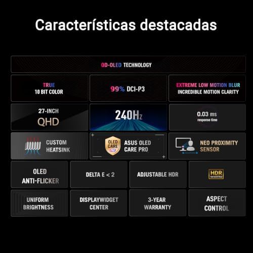 ROG Strix XG27AQDMES - Monitor de gaming de 27 polegadas, QD-OLED 1440p, 240 Hz, Neo Proximity Sensor, OLED Care Pro, ELMB, 99% DCI-P3, DisplayWidget Center
