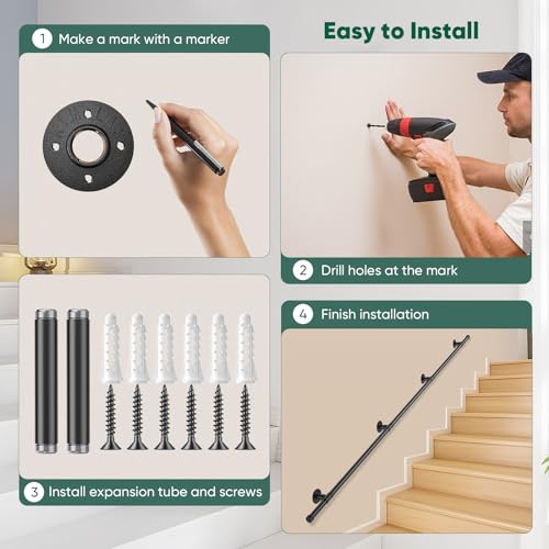 Couleeur Indoor and Outdoor Stair Railings, Wall Mount Stairs Railing for Elderly Disabled Stairs Steps Handrail Galvanized Industrial Non-Slip Handrail (2.5 M)