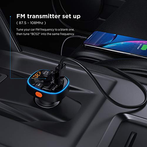 Wireless Bluetooth 5.0 Audio Adapter and Receiver,FM Transmitter for Car with Dual USB QC 3.0 Fast Charge,7 Color LED Backlit,Support USB Flash Drive/TF Card and Hands Free Calling