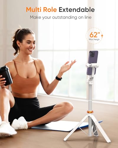 EUCOS 62" Tripod for iPhone, Sturdy Selfie Stick Tripod with Remote & Lightweight Phone Stand, Solidest Portable Cell Phone Tripod, Compatible iPhone Pro Max/Android [White] | Extendable Cell Phone Stand & Ultimate Phone Holder, Solidest Phone Stand Compatible with iPhone/Android