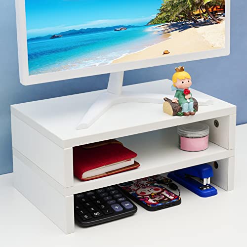 TEAMIX White Monitor Stand Riser2 Pack,Wood 2 Tier Adjustable Monitor