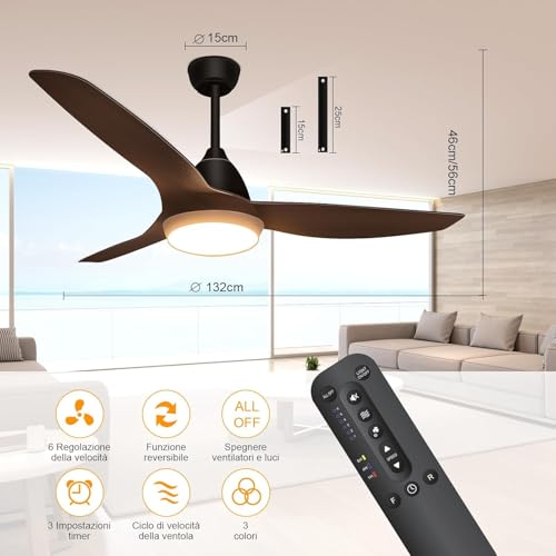 snsok Ceiling Fan with LED Light 52 Inches 3 Blades, 6 Speed + 3 Light Temperature, Super Silent DC Motor, Timer with Remote Control, Reverse Function Summer/Winter (black)