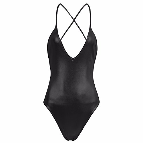 iEFiEL Metallic Damen Body Unterwäsche elastisch Wetlook Body mit Schnürung Top Bodysuit Bandage Tief V-Ausschnitt… – Bild 5