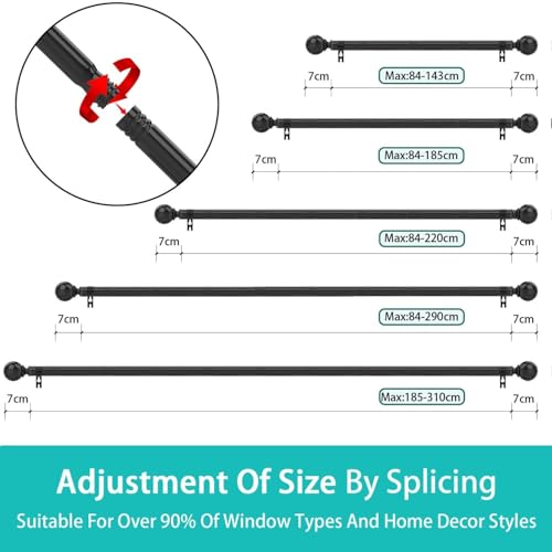 Curtain Rods for Eyelet Curtains Black Curtain Rod Small Curtain Rod Includes Round Finial Rings Brackets and Accessories for Living Room and Bathroom Black 84-290CM