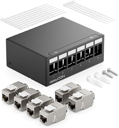deleyCON 6 Port Patch Panel 1U STP CAT6a Keystone Jacks Black Network LAN DSL