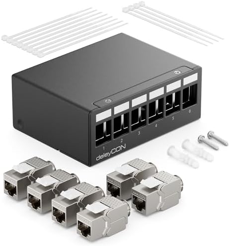 deleyCON 6 Port Patch Panel 1U STP CAT6a Keystone Jacks Black Network LAN DSL