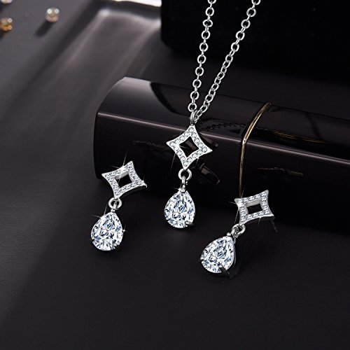 CZ Necklace Set, Water Drop Necklace Earrings Set Jewelry Gifts for Women, White Gold Plated