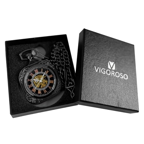 VIGOROSO Mens Classic Steampunk Pocket Watch with Chain Skeleton Hand Wind Mechanical Pocket Watches for Men & Women