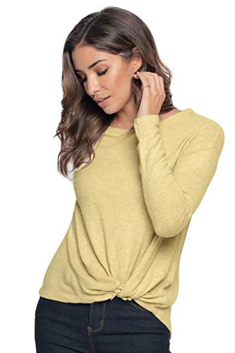 Tops for Women Twist-Knot Long-Sleeve Loose-Shirts Scoop-Neck Casual-Tunics Yellow L