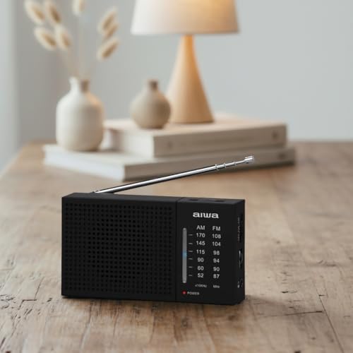 Aiwa Radio Portátil Am/FM Analógica AWFML2, Altavoz 1.5”, Antena Telescópica, Funciona con 2 Pilas AA, Entrada Audífonos 3.5 mm, Compacta y Ligera, Color Negro