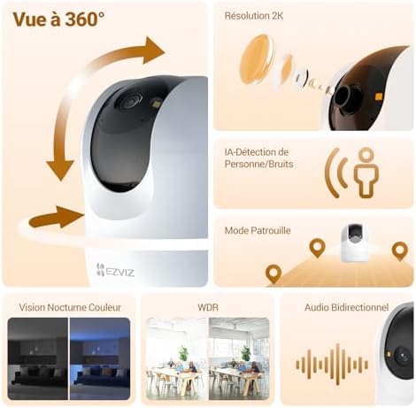 2K Caméra Surveillance WiFi Intérieure 360 °, Camera Bébé avec WiFi 2.4Ghz, Détection Humain, Vision Nocturne Intelligente, Suivi Auto-Zoom, C6N G1 2K 2PK
