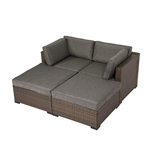 Kinsunny 4 PCs Outdoor Furniture Wicker Sectional Sofa Set with Ottoman Patio Rattan Conversation Chair Sets