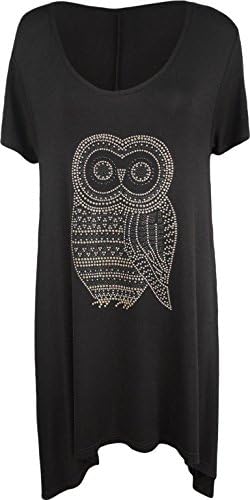 PurpleHanger Women's Owl Print Stud Hanky Hem Tee Top Plus Size Black 16