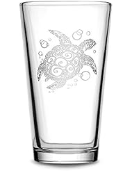 Integrity Bottles Premium Sea Turtle Pint Glass, Hand Etched Tribal Design, 15.3oz Beer Glass, Made in USA, Mixing Glass Sand Carved