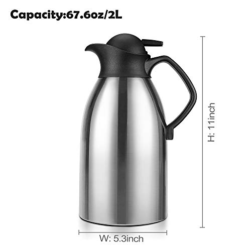 Coffee Carafe Insulated Thermos for Keeping Hot, Stainless Steel Double Walled Vacuum Thermal Carafes for Coffee, Hot Water, Tea, Beverage, 2L (68 Oz)