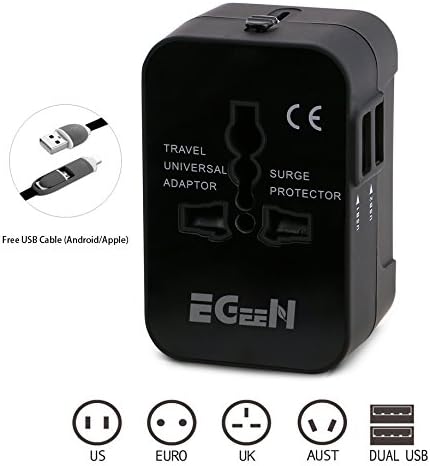 Egeen Worldwide All in One Universal Travel Adapter Converters,Free USB Cable (Support Android/Apple),AC Power Plug Adapter,Wall Charger,Dual USB Charging Ports/USA/EU/UK/AUS,Cell phone laptop (Black)