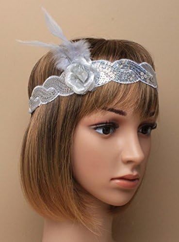 ALANNAHS ACCESSORIES Silver Sequin Browband On Black Elastic With Rose & Feathers 1920S Gatsby