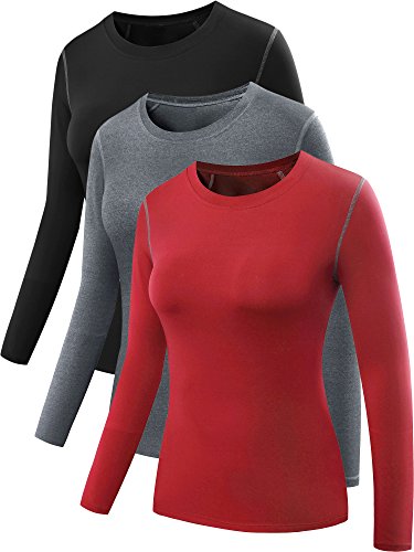 Neleus Women's 3 Pack Athletic Compression Long Sleeve Shirt,Black,Grey,Red,US M,EU L