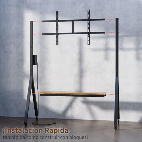 Simple Wisdom Soporte para TV móvil con Toma de Corriente,Soporte para TV con Lamas,Apto para TV de 32 a 75 Pulgadas,Carga máxima 60 kg,Ajuste de Altura,Base de Madera Segura