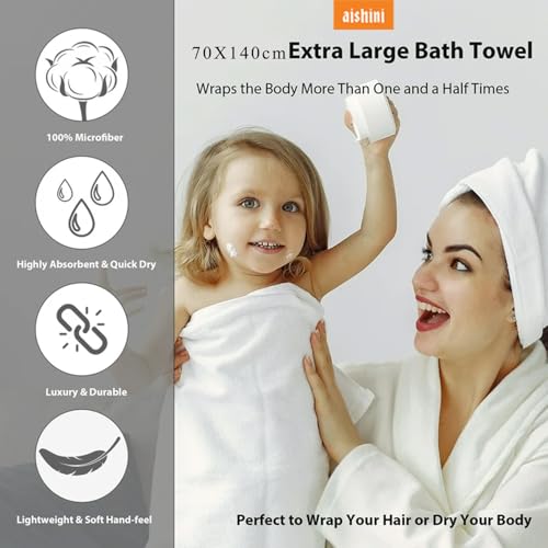 Aishini Bath Towel Set Pack of 3, (140 x 70 cm) (35 x 35 cm) Microfiber Ultra Soft Highly Absorbent Hand Towels Set, Lightweight and Quick Drying for Body, Beach, Sport, Yoga, SPA (White)