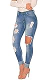 Gemijack Women's Cotton Slimming Butt Lift Distressed Jeans Skinny Denim Pants (Large, Blue)