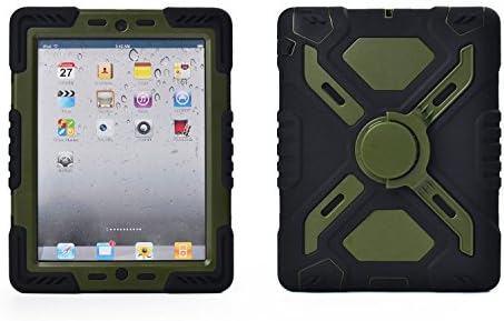 Ipad 2/3/4 Case (NOT FOR IPAD AIR) Plastic Kid Proof Extreme Duty Dual Protective Back Cover with Kickstand and Sticker for Ipad 4/3/2 - Rainproof Sandproof Dust-proof Shockproof (Black/olive)