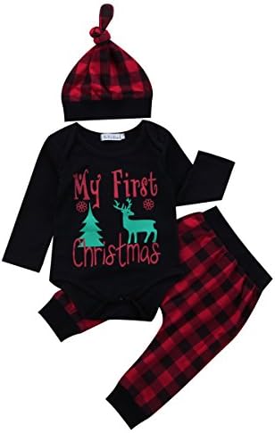 Newborn Baby Boys Girls My First Christmas Bodysuit and Plaid Pants Leggings Headband Hat 4pcs Christmas Outfits Set (Black 2, 90 (9-12 Months))