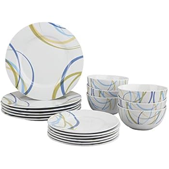 AmazonBasics 18-Piece Kitchen Dinnerware Set, Dishes, Bowls, Service for 6, Cool Ribbons