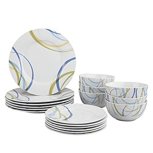 AmazonBasics 18-Piece Dinnerware Set – Cool Ribbons, Service for 6