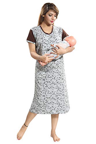 Hosiery Cotton Feeding Maternity Nursing Short Nighty with Zip for Women