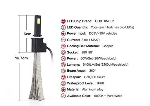 2 PCS LED Headlight 880/881/H27 Quality Chips Conversion Kit 3200LM 30W 6000K Pure White LED Headlights for DRL Fog Light